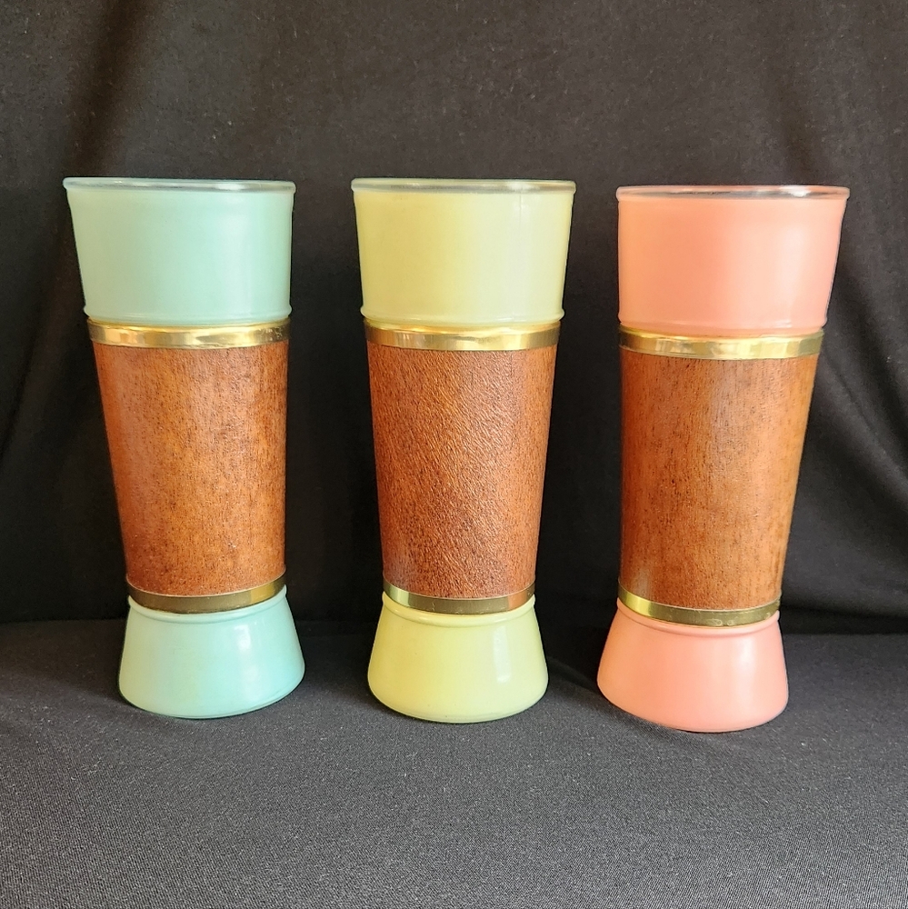 3 MCM Retro Siestaware Glasses Pastel Wood Barware Drink Cocktail